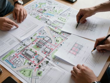 Overhead shot of civil site documentation spread across a conference table — survey maps, grading plans, and structural notes annotated in red, hands visible at the edges of the frame reviewing two documents simultaneously