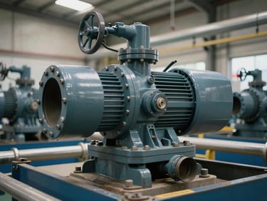 Tight environmental shot of industrial mechanical equipment — a pump assembly and flanged piping in an operational facility, natural overhead lighting, no people, equipment in context