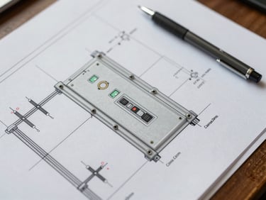 Close-up overhead of an electrical wiring schematic and panel layout drawing spread flat on a desk, a mechanical pencil resting at the edge, natural diffused daylight, no people
