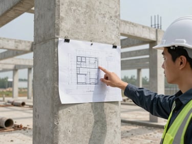 Wide environmental shot of a reinforced concrete structure under review — an engineer's hand pointing at a structural drawing pinned to a site hoarding, natural daylight, industrial site background slightly out of focus
