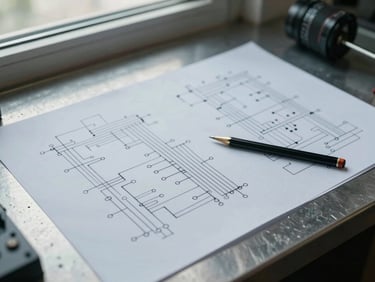 Close-up overhead of electrical schematic drawings spread across a steel worktable, circuit diagrams annotated in pencil, lit by cool diffused daylight from a nearby window