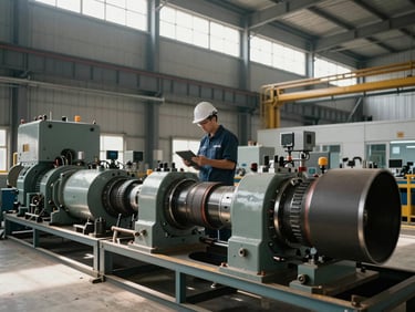 Environmental wide shot of industrial mechanical equipment installed in a facility bay, natural light entering through high clerestory windows, a single engineer in the mid-ground reviewing a tablet against the machinery