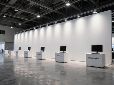 Wide-angle environmental shot of a pristine, empty corporate exhibition hall, a massive tension-fabric backdrop with geometric branding stands perfectly aligned under sharp studio lighting.