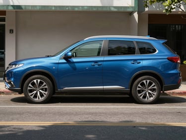 Three-quarter exterior of a blue Mitsubishi Outlander on a shaded Cayman side street in natural light, full body profile, door panels and alloy wheels in clear view