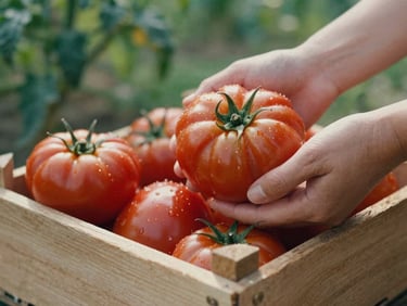 Close-up of hands holding freshly harvested heirloom tomatoes in a rustic wooden crate, soft morning sunlight, rich crimson tones, shallow depth of field.
