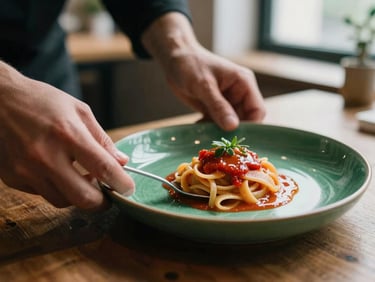 Close-up of hands plating a delicate handmade pasta dish in a dimly lit, cozy Scandinavian-style restaurant, soft directional daylight, shallow depth of field.