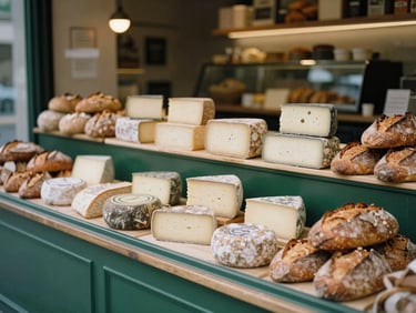 A beautifully arranged display of artisanal cheeses and fresh sourdough bread in a modern boutique food market, warm ambient lighting, 35mm film look.