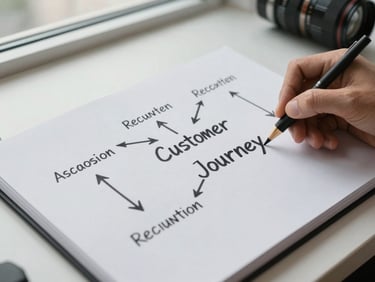 Close-up of a hand drawing a customer journey map on a large notepad, arrows connecting acquisition to retention stages, clean desk, north-facing window light