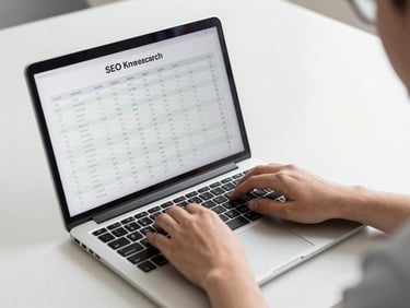 Person typing on a laptop reviewing SEO keyword research spreadsheet, clean desk surface, bright studio lighting from above