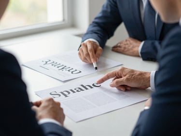 Two colleagues reviewing a printed brand identity document on a conference table, one pointing at a typography specimen, bright natural window light from the left