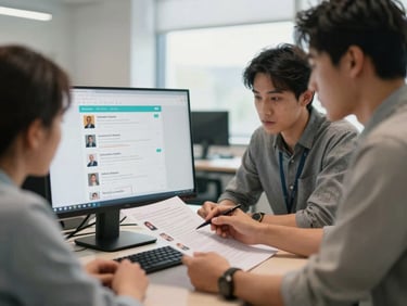 Small team of three around a monitor reviewing social media post performance metrics, one person annotating a printout, bright open-plan office, natural daylight