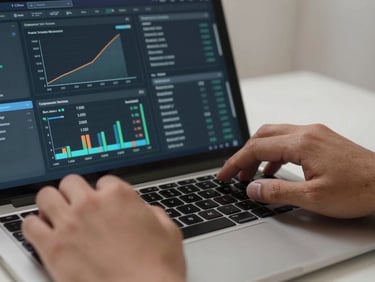 Close-up of hands navigating an analytics dashboard on a laptop, campaign performance charts visible on screen, clean studio lighting, shallow depth of field