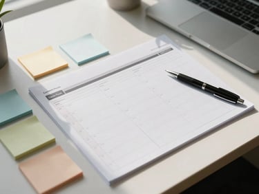 Overhead shot of a content editorial calendar spread across a desk with sticky notes and a pen, organized by content pillar, clean north-facing office daylight