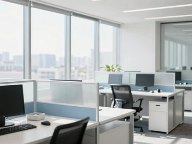 Bright sunlit modern office space, organized desks, clean glass partitions, natural light, high-key photography, sharp focus