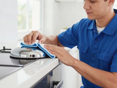 Close up of a professional cleaner in a neat blue uniform polishing a sparkling chrome kitchen fixture, bright natural daylight, sharp focus