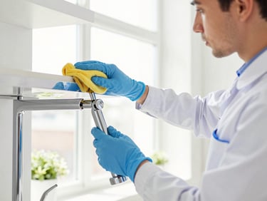 Close-up of a professional cleaner in a neat uniform polishing a sparkling chrome kitchen fixture, bright natural daylight, 35mm