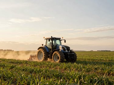 A modern tractor working a wide agricultural field under a soft overcast sky, dust kicking up in golden light