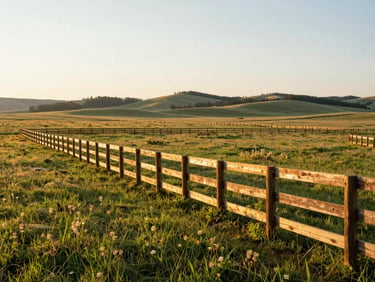 A clean wooden fence line running along a wide Idaho prairie pasture during sunrise, crisp morning light