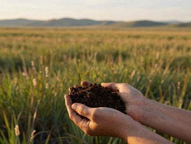 Close-up of rich dark soil held in hands, native Idaho prairie plants in the background, soft golden-hour sunlight