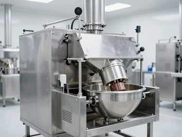 Bright industrial photography of modern stainless steel food processing production line, high-key white light, cleanroom facility, crisp details, 35mm