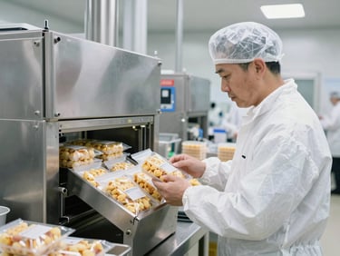 Professional quality control laboratory inside food factory, cleanroom suit staff inspecting packaged food under bright daylight, crisp details