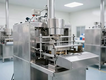 Bright industrial photography of modern stainless steel automated food processing machinery, cleanroom facility, bright high-key lighting, 35mm