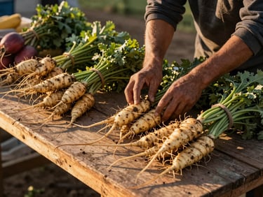 Wide environmental shot of a farmer arranging bundles of root vegetables on a wooden market stall at golden hour — hands actively placing produce, long warm shadows across the table, no posed smiles, real working moment