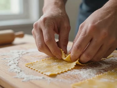 Extreme close-up overhead of hands folding fresh pasta sheets on a floured wooden board, natural north-facing window light, imperfect texture visible, no styling