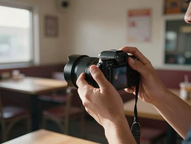 Extreme close-up of a pair of hands holding a handheld mirrorless camera at waist height inside a small restaurant, blurred prep counter visible behind, morning light from a single side window catching dust particles in the air, documentary framing — photographer mid-motion, not staged