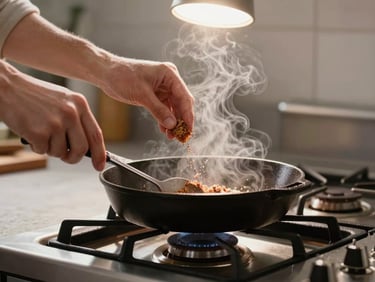 Close detail shot of hands seasoning a cast iron pan on a gas range, steam rising, harsh shadow from a single overhead work light, unglamorous kitchen context