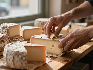 Extreme close-up of hands arranging specialty cheese and cured goods on a wooden counter inside a small food market — natural daylight from a nearby window, textures of rind and paper wrapping visible, no overhead strobes