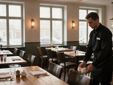 Wide environmental shot of a quiet Scandinavian-style restaurant interior during setup, chairs still upturned on tables, warm morning light through frosted windows, a single server arranging salt cellars in the foreground