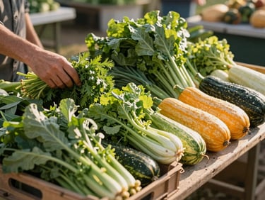 Wide environmental shot: a small farm market stall at a weekend farmers market, crates of greens and squash arranged on a table, a hand reaching in from the left to adjust a bunch of herbs, warm golden morning side-light, no faces visible