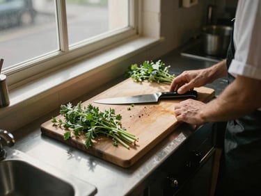 Close overhead shot of a small restaurant kitchen in early-morning setup — a prep board with fresh herbs and a chef's knife resting beside it, warm north-facing window light casting soft even shadows, no customers, task-focused and quiet