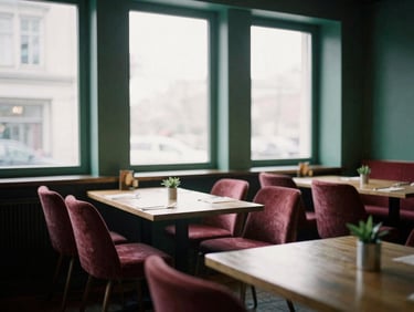 Cozy Scandinavian-style restaurant interior, empty tables waiting for guests, soft natural light streaming through large windows, matte finish.