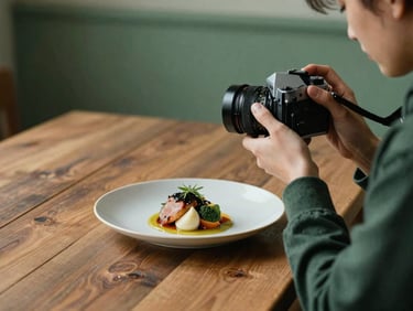 Candid shot of a photographer with a vintage 35mm camera, shooting a beautifully plated dish on a rustic wooden table, with natural light filtering in, matte finish.