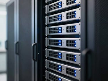 A clean rack-mounted server cabinet with blue LED indicators glowing in a cool-toned server room, shallow depth of field
