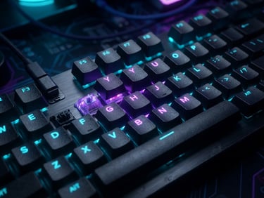 Sleek mechanical keyboard with glowing violet and cyan neon backlights, macro shot, dark cyber aesthetic