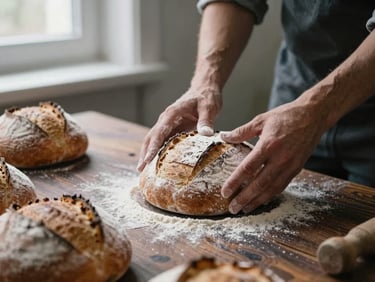 Close up of baker hands dusting flour over freshly baked sourdough bread on a dark wooden table, soft window light, Scandinavian aesthetic, 35mm film look