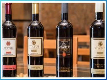 Four bottles of Status Vranac red wine displayed in a row on a table at a winery.