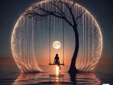 una mujer sola sentada en un columpio sostenido en un arbol ella mirando el resplandor de la luna,