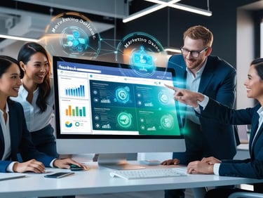 Equipo de trabajo en una oficina moderna colaborando frente a una computadora con hologramas de datos de marketing digital, m