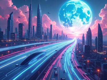 An image of a futuristic city with moon and sky background