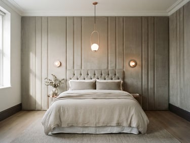 Minimalist architectural elevation of installed custom velvet wall panels in a luxury master bedroom, soft natural window light, muted beige and grey tones, 35mm photography