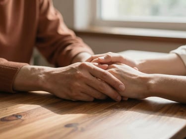 Close-up of couples' hands gently touching on a wooden table, warm morning sunlight, shallow depth of field
