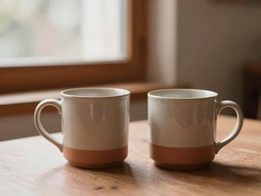 A cozy interior setting with two ceramic mugs on a table, soft natural window light, warm terracotta tones