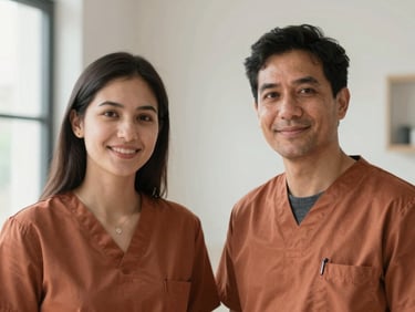 Warm professional portrait of two psychologists smiling softly, clean minimalist background, soft natural lighting
