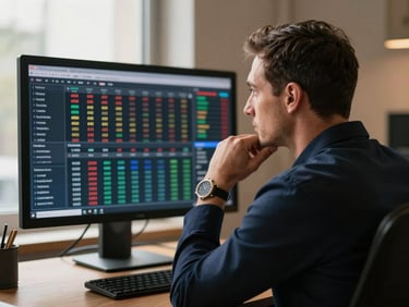Focused executive in deep thought looking at a real-time cash flow dashboard on a premium display, soft shadows, warm interior tones, 35mm