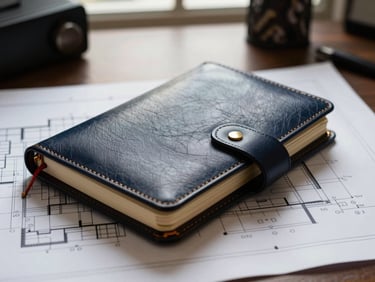 Tactile detail of a high-quality leather notebook and architectural blueprints on a dark office desk, warm editorial photography, 35mm