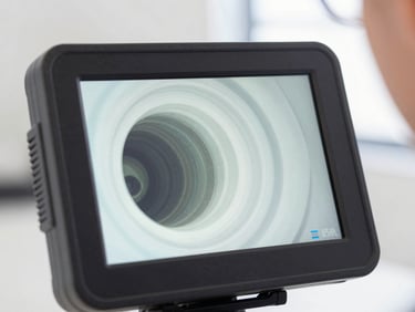 Close-up of a modern plumbing diagnostic camera screen showing a clean pipe interior, bright crisp work lights, technical authority.